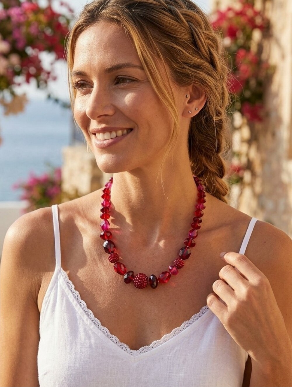 Vintage Icing Chunky Necklace Lucite Faced Beaded Red and Cherry